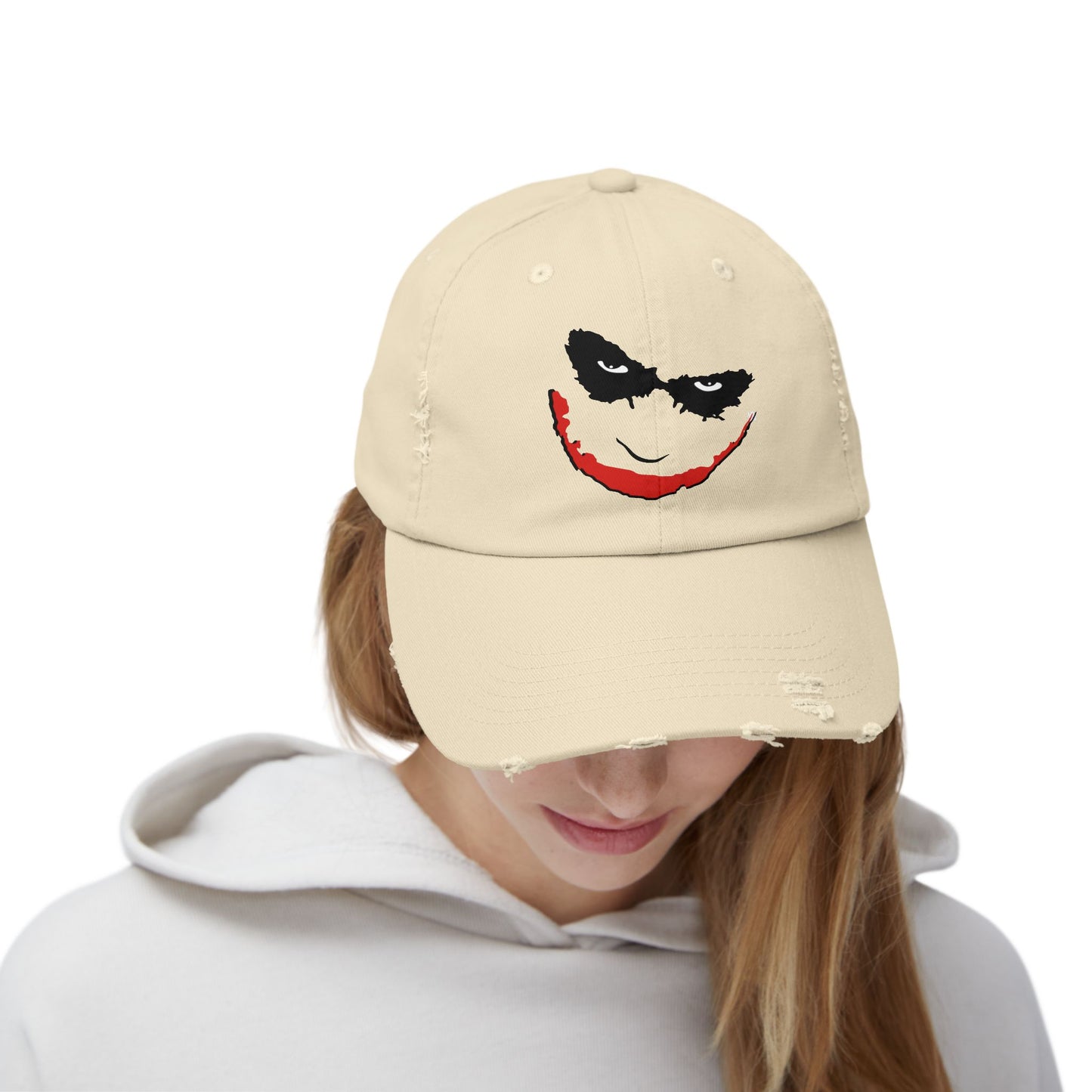 Distressed Joker Cap - Unisex Adjustable Hat for Casual Wear, Halloween, Comic Con, Gift for Fans, Vintage Style