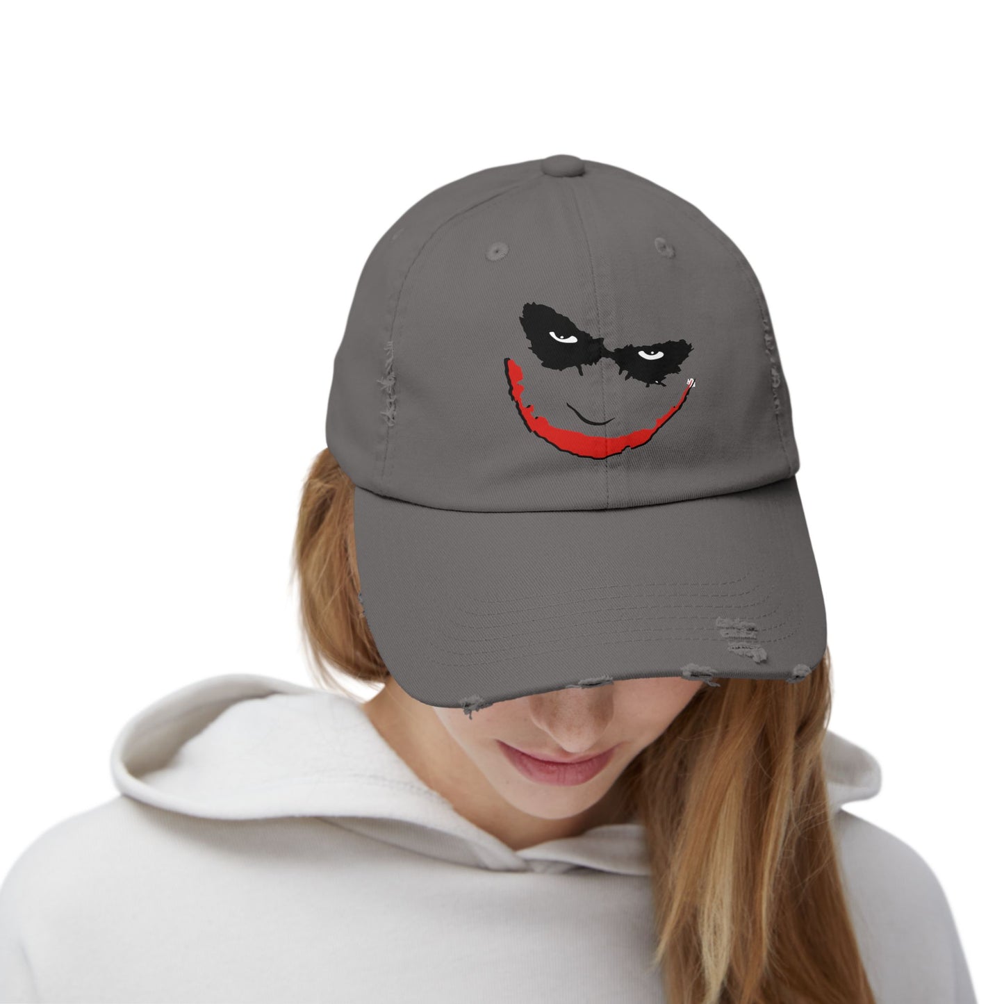 Distressed Joker Cap - Unisex Adjustable Hat for Casual Wear, Halloween, Comic Con, Gift for Fans, Vintage Style