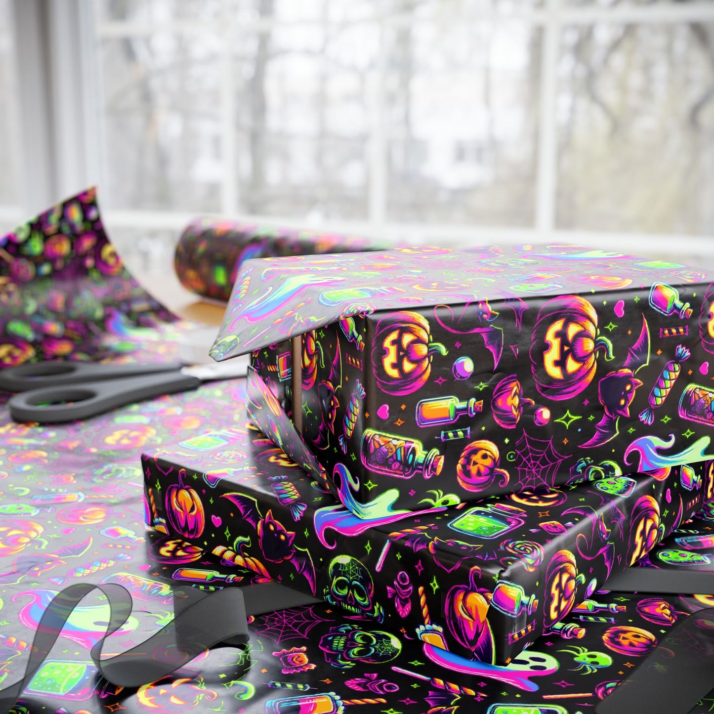 Vibrant Halloween Wrapping Paper, Colorful Gift Wrap for Birthdays, Parties, and Holidays, Unique Patterns and Designs