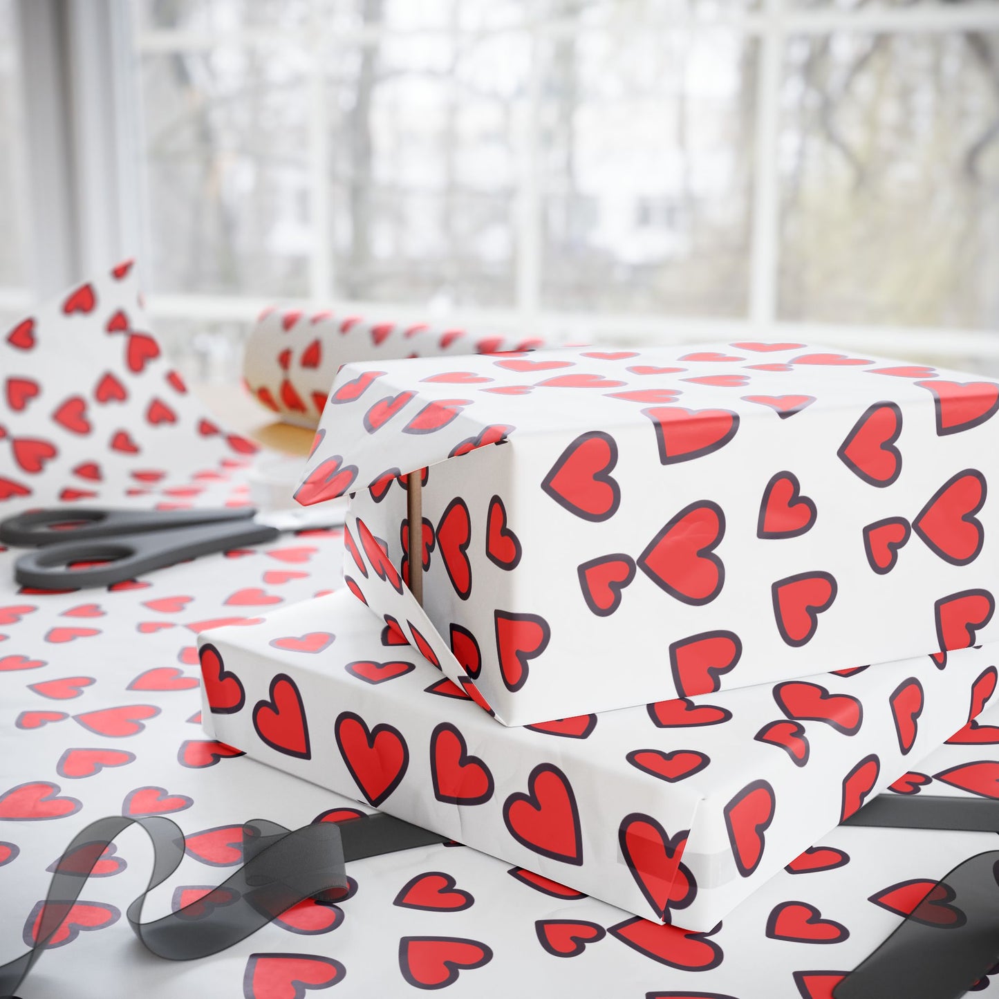 Festive Heart Wrapping Paper, Valentine's Gift Wrap, Love Bows, Holiday Decor, Cute Gift Packaging, Party Supplies