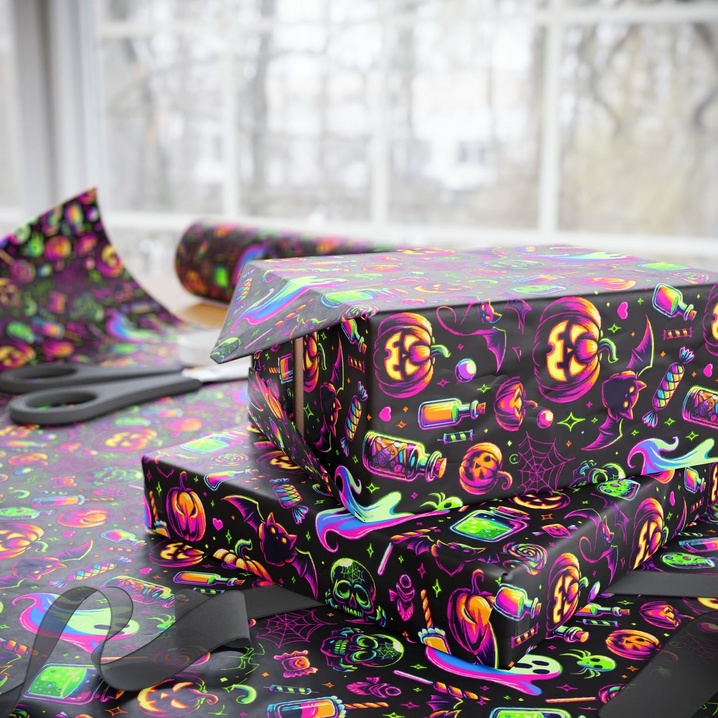 Vibrant Halloween Wrapping Paper, Colorful Gift Wrap for Birthdays, Parties, and Holidays, Unique Patterns and Designs