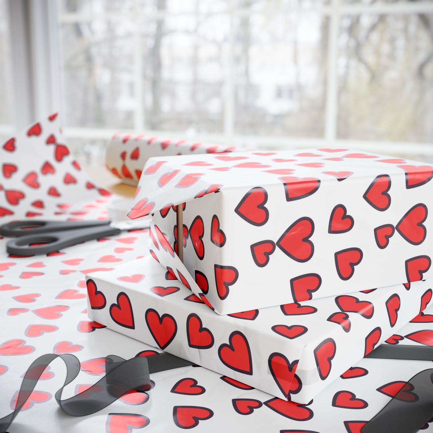 Festive Heart Wrapping Paper, Valentine's Gift Wrap, Love Bows, Holiday Decor, Cute Gift Packaging, Party Supplies