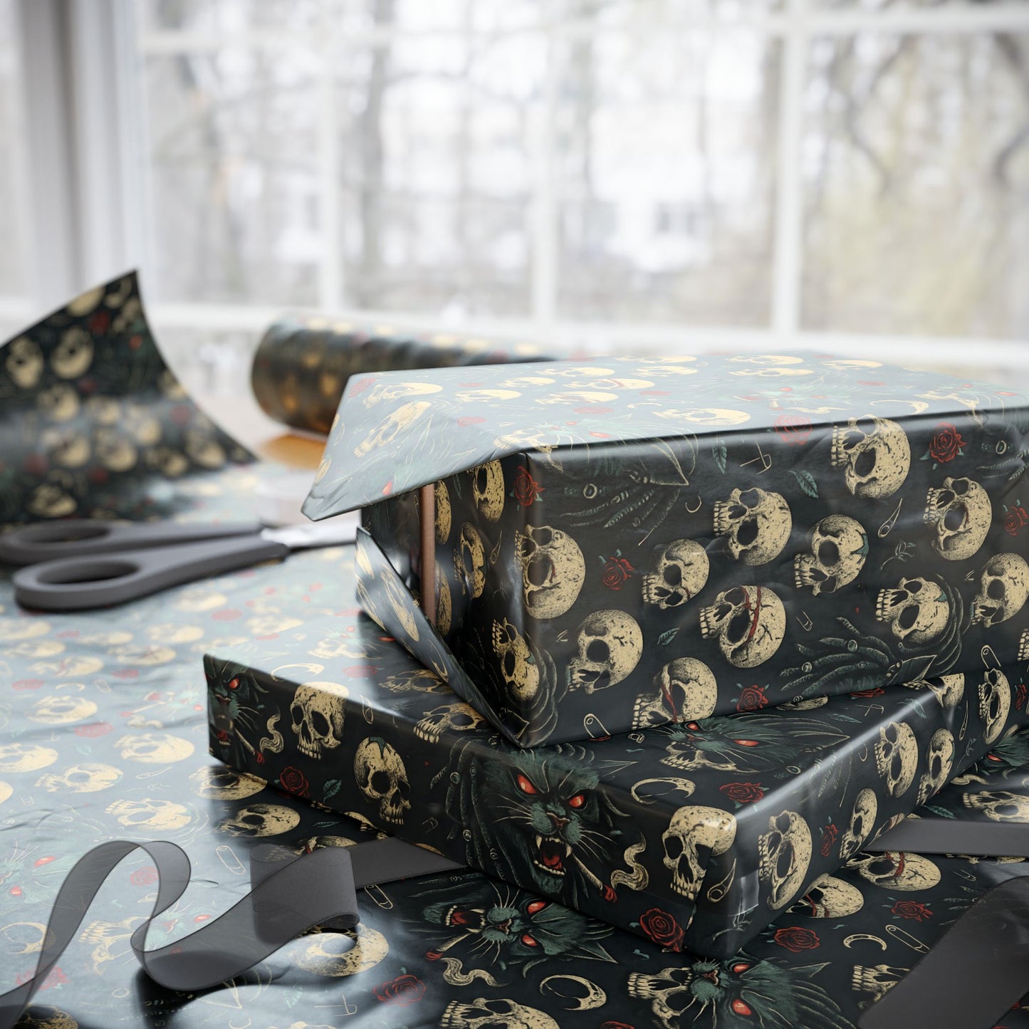 Dark Gothic Skulls Wrapping Paper, Spooky Gift Wrap for Halloween, Party Decor, Unique Present Packaging, Alternative Gift Wrap