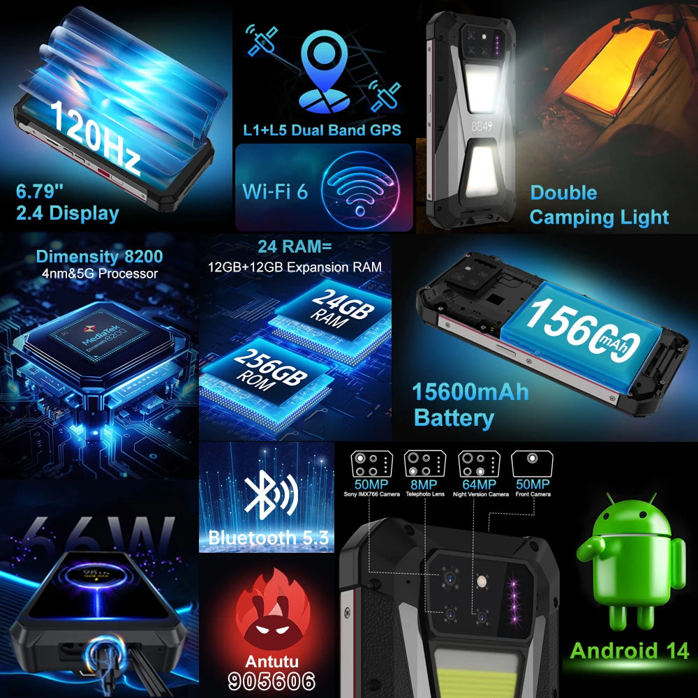 8849 SHARK, Rugged Smartphone 5G, 24GB RAM(12GB+12GB), 256GB ROM, 15600mAh, 120Hz Screen, NFC, WiFi 6,50MP Camera 66W Phone - Mleem