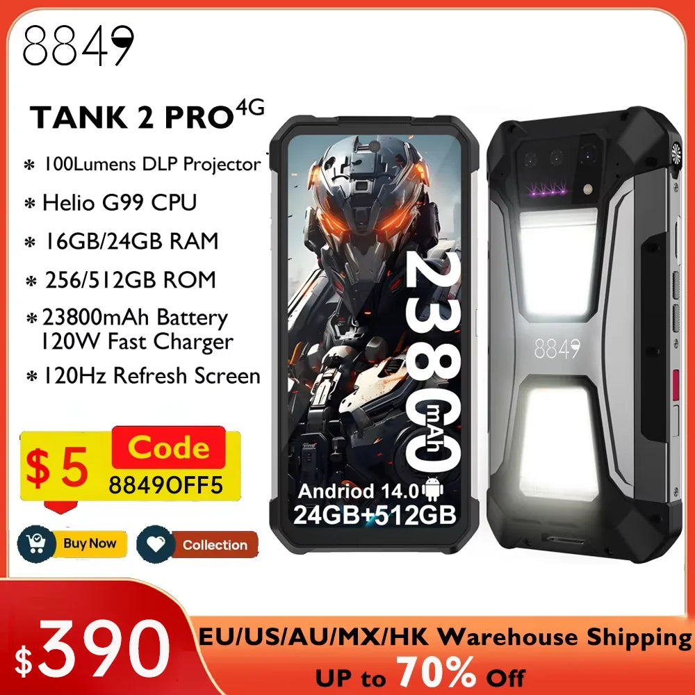 8849 Tank 2 PRO Projector Rugged Smartphone Android 2.4K 24GB 512GB 100MP Camera 23800mAh 120W Dual Sim OTG Phone - Mleem