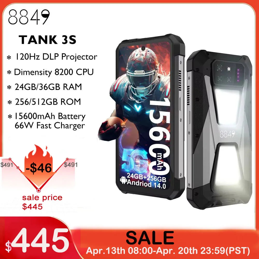8849 Tank 3S Rugged Smartphone with Projector 24GB RAM 256GB ROM Dimensity 8200 5G 50MP Main Camrea 64MP Night Vision Dual Sim - Mleem