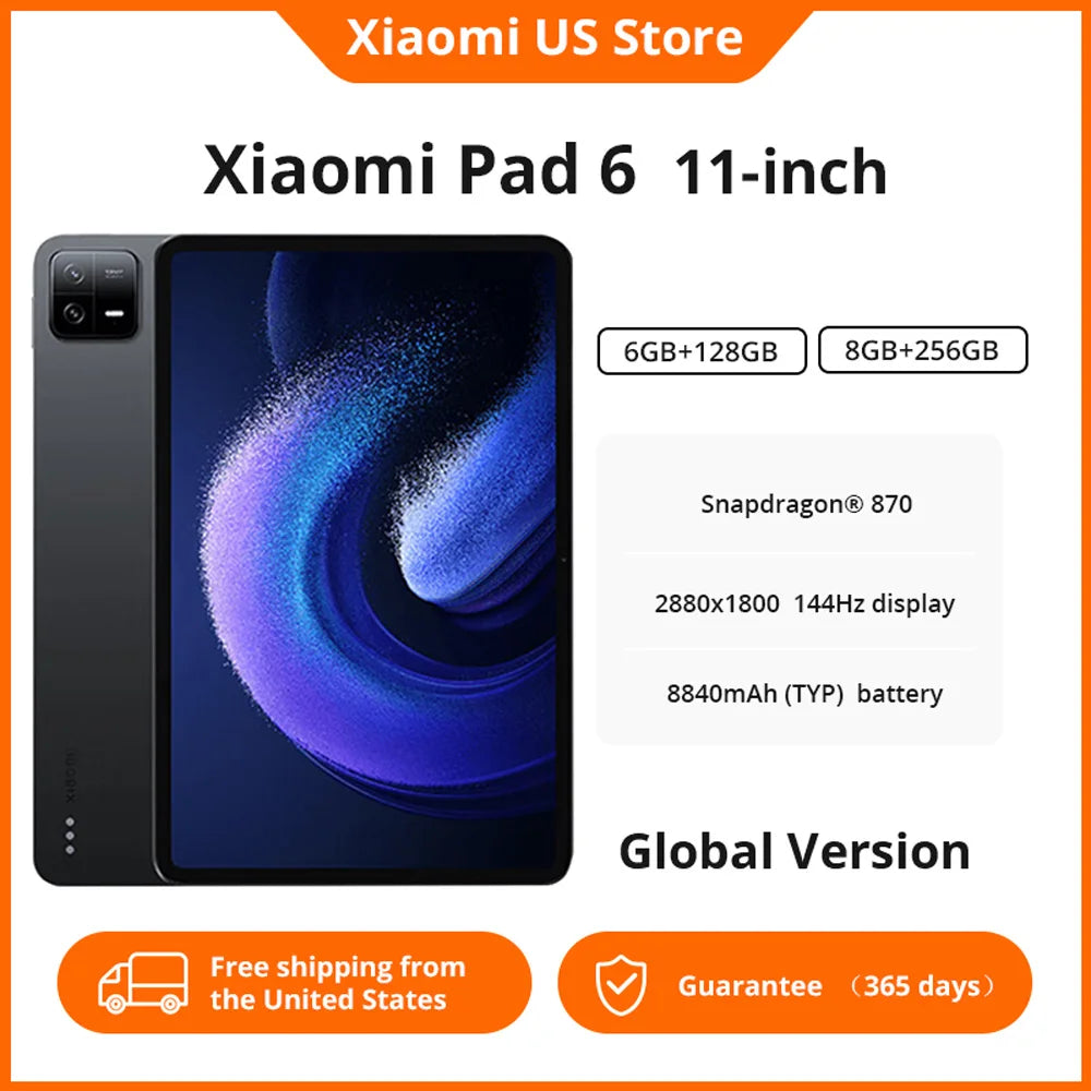 Global Version Xiaomi Pad 6 Tablet 11-inch 128GB 256GB Snapdragon 870 Processor 144Hz WQHD+ 8840mAh 33W Fast Charging Tablet