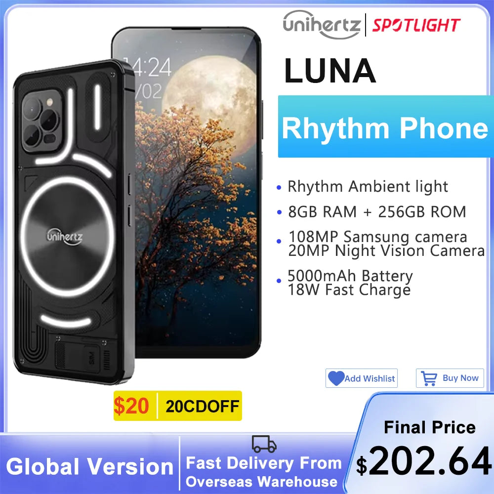 Unihertz Luna Smartphone Rhythm Ambient LED strip Music Phone 8GB RAM 256GB ROM 108MP G99 Mobile Phone Night Vision Cellphone