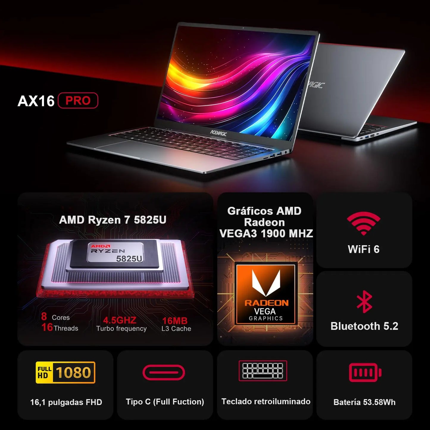 ACEMAGIC Gaming Notebook 16.1 FHD 1920*1080 16GB DDR4 512GB SSD AMD Ryzen 7 5825U Notebook Windows 11 Home BT5.2 WiFi 6 Laptop
