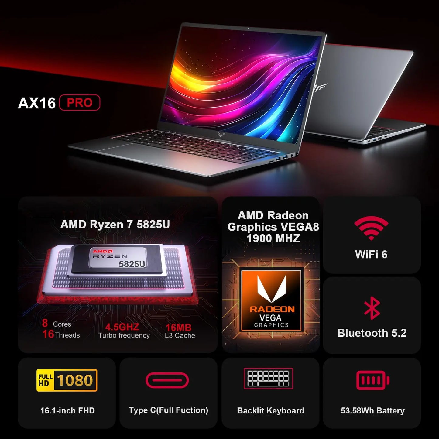 ACEMAGIC AX16Pro Gaming Laptop 16.1" IPS FHD AMD Ryzen™ 7 5825U Notebook 16GB DDR4+512GB PCI-E 53.58WH Windows 11 Computer