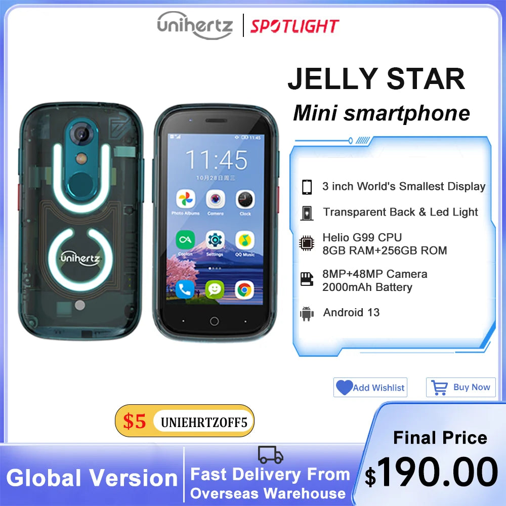 Unihertz Jelly Star Mini Smartphone 8GB 256GB Led Light Unlocked Transparent Backshell Cellphones For Spare Phone - Mleem
