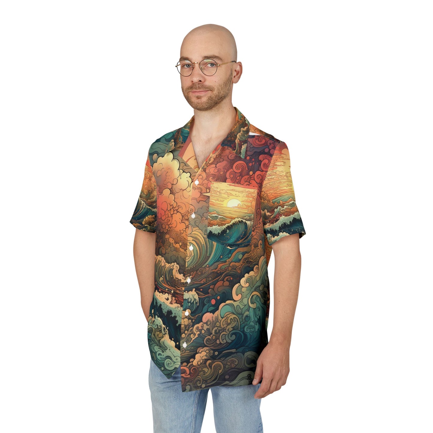 Unisex Hawaiian Button-Down Shirt with Ocean Sunset Design, Beachwear, Vacation Outfit, Tropical Style, Gift for him, Summer Fashion