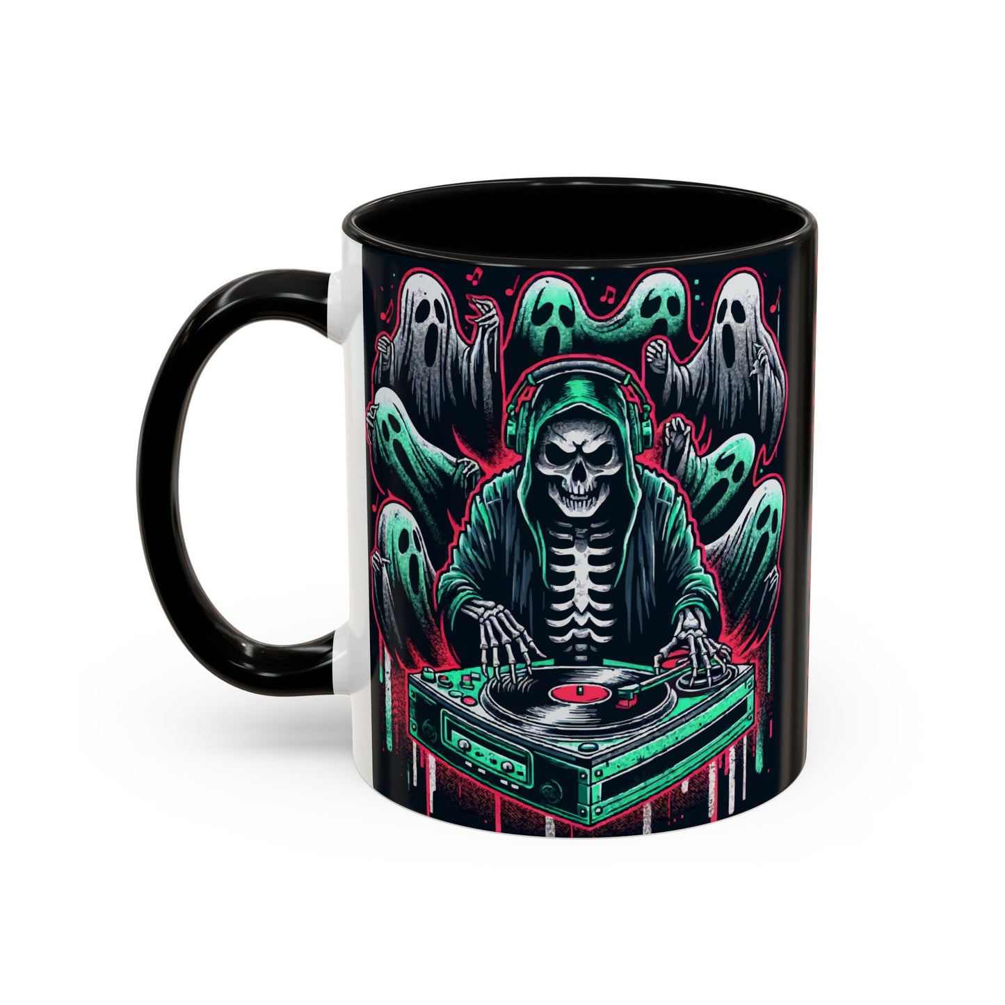 Gothic Coffee Mug, Spooky Mug, Halloween Gift, Ghost-Themed Drinkware, DJ Skull Mug, Music Lover’s Mug