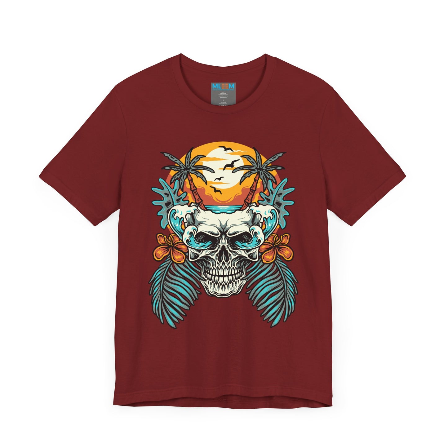 Tropical Skull Graphic Tee - Unisex Short Sleeve Shirt with Palm Trees & Sunset