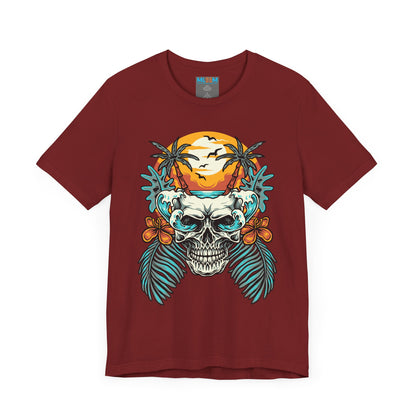 Tropical Skull Graphic Tee - Unisex Short Sleeve Shirt with Palm Trees & Sunset