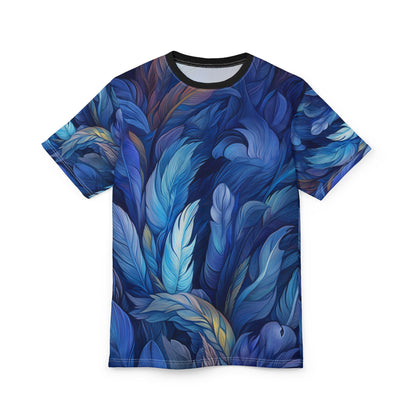 Tropical Leaf Print Unisex Cut & Sew Tee - Vibrant Coral & Navy Design for Casual Style