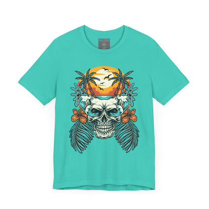 Tropical Skull Graphic Tee - Unisex Short Sleeve Shirt with Palm Trees & Sunset