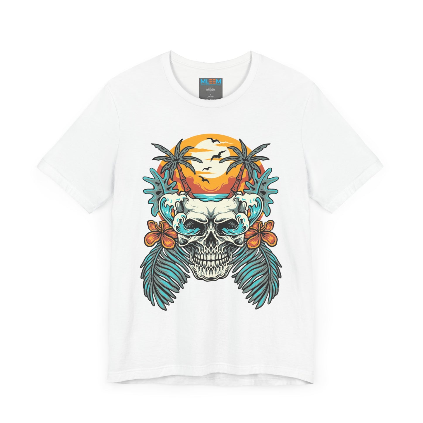 Tropical Skull Graphic Tee - Unisex Short Sleeve Shirt with Palm Trees & Sunset