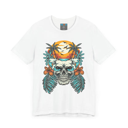 Tropical Skull Graphic Tee - Unisex Short Sleeve Shirt with Palm Trees & Sunset