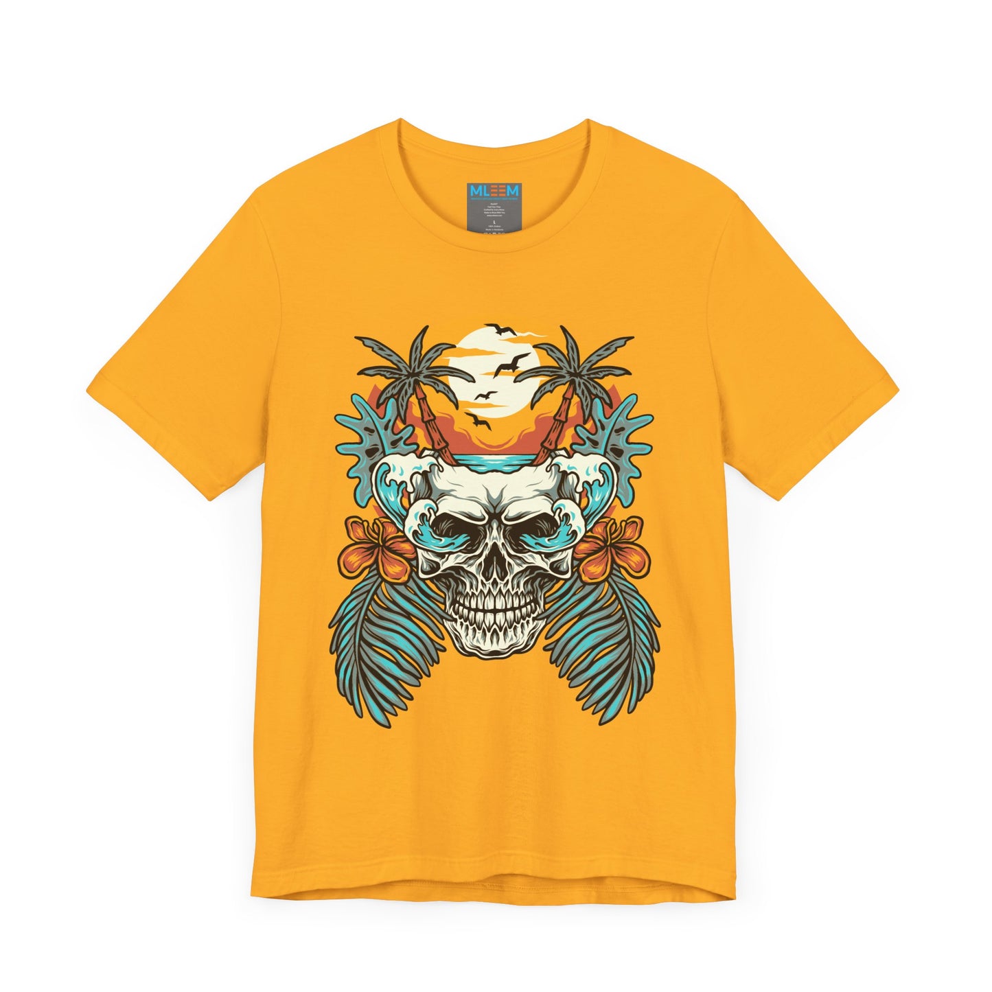 Tropical Skull Graphic Tee - Unisex Short Sleeve Shirt with Palm Trees & Sunset