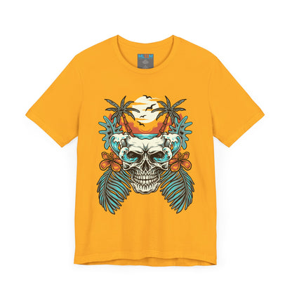 Tropical Skull Graphic Tee - Unisex Short Sleeve Shirt with Palm Trees & Sunset