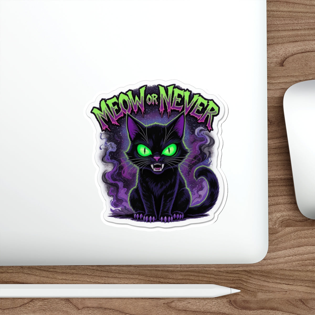 Meow or Never Cat Die-Cut Stickers, Cute Cat Lover Gift, Halloween Decor, Laptop Stickers, Witchy Aesthetic, Fun Cat Art