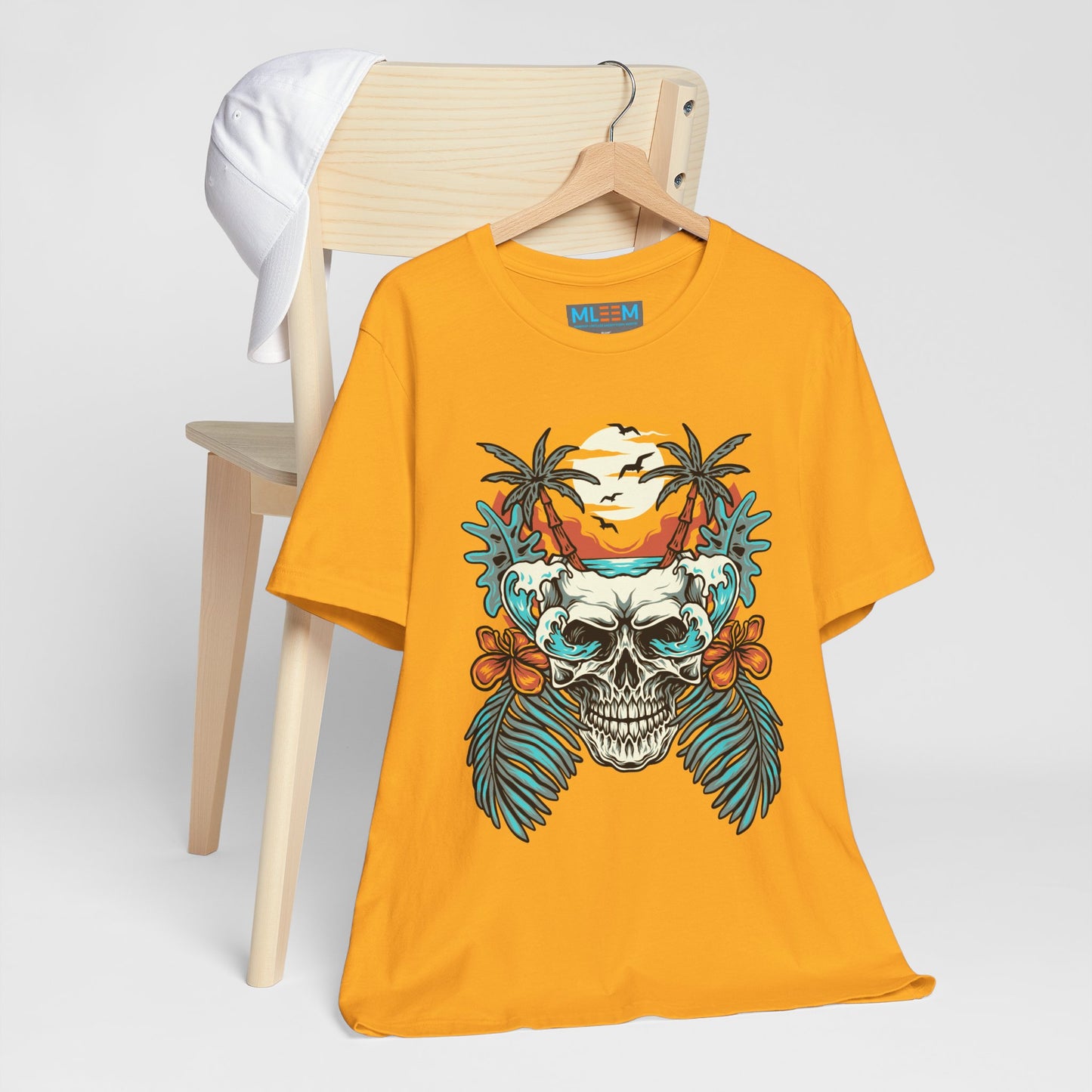 Tropical Skull Graphic Tee - Unisex Short Sleeve Shirt with Palm Trees & Sunset
