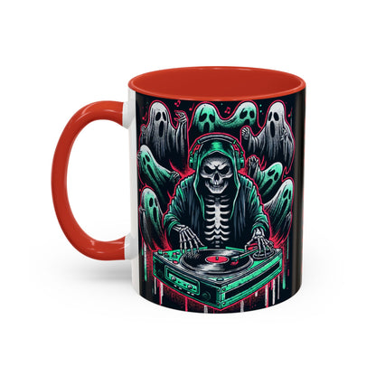 Gothic Coffee Mug, Spooky Mug, Halloween Gift, Ghost-Themed Drinkware, DJ Skull Mug, Music Lover’s Mug