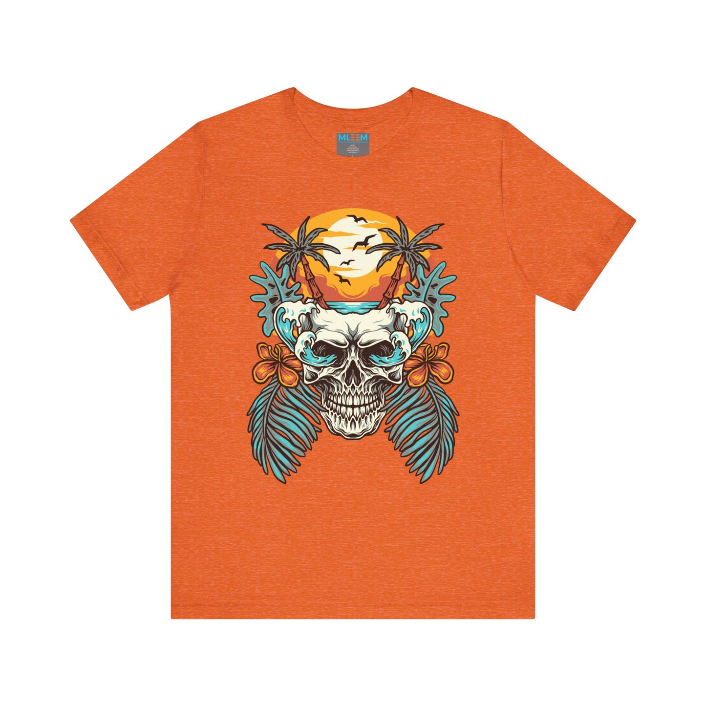 Tropical Skull Graphic Tee - Unisex Short Sleeve Shirt with Palm Trees & Sunset
