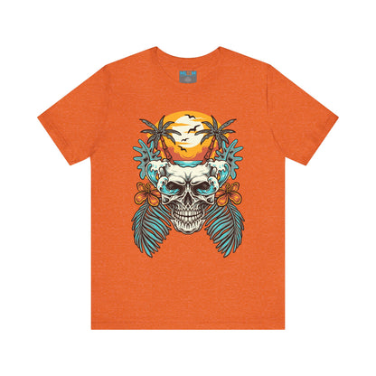 Tropical Skull Graphic Tee - Unisex Short Sleeve Shirt with Palm Trees & Sunset