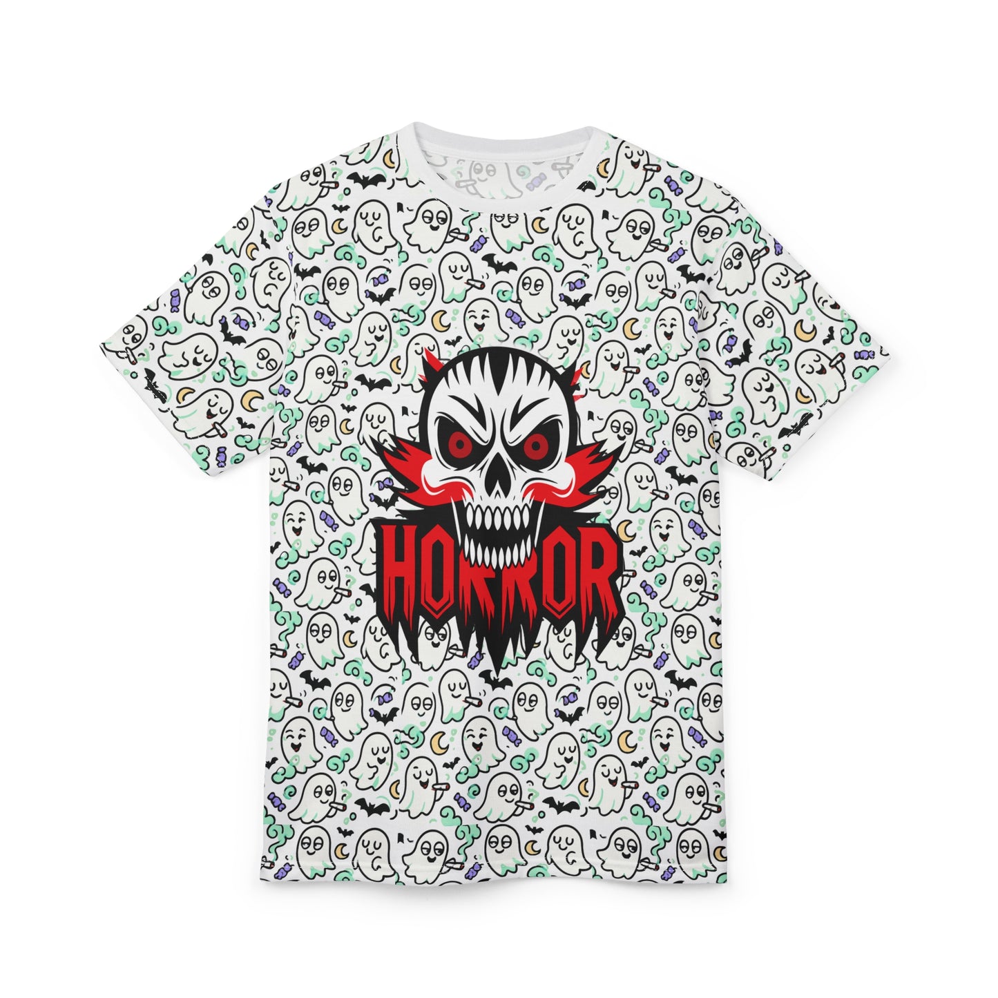 Unisex Horror Graphic Tee, Spooky T-Shirt for Halloween, Ghosts and Skulls Design, Eerie Apparel for Horror Fans, Unique Gift Idea