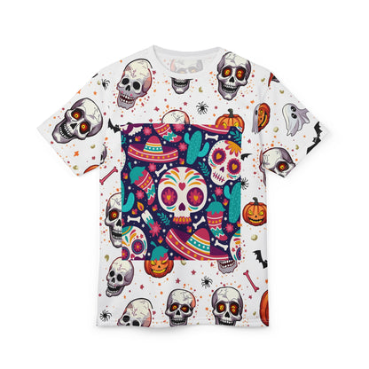 Vibrant Día de los Muertos Tee, Halloween Shirt, Sugar Skull Apparel, Unisex Graphic Tee, Festive Party Top, All-Over Print T-Shirt