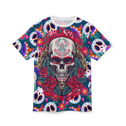 Colorful Skull Print Unisex Tee, Boho Shirt, Festival Wear, Day of the Dead Apparel, Edgy Fashion T-Shirt