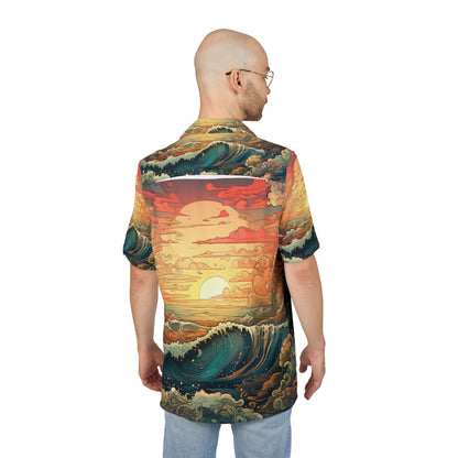 Unisex Hawaiian Button-Down Shirt with Ocean Sunset Design, Beachwear, Vacation Outfit, Tropical Style, Gift for him, Summer Fashion