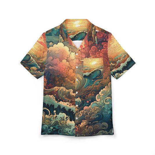 Unisex Hawaiian Button-Down Shirt with Ocean Sunset Design, Beachwear, Vacation Outfit, Tropical Style, Gift for him, Summer Fashion
