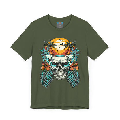 Tropical Skull Graphic Tee - Unisex Short Sleeve Shirt with Palm Trees & Sunset