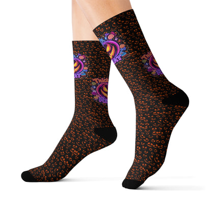 Halloween Themed Sublimation Socks, Custom Graphic Socks, Fun Holiday Gift, Trick or Treat Socks, Cozy Autumn Accessories