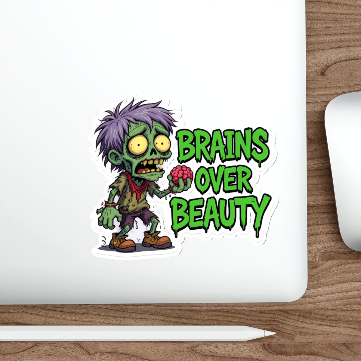 Zombie Brains Over Beauty Die-Cut Stickers, Halloween Decor, Laptop Stickers, Fun Gift for Ghoul Lovers, Quirky Accessories