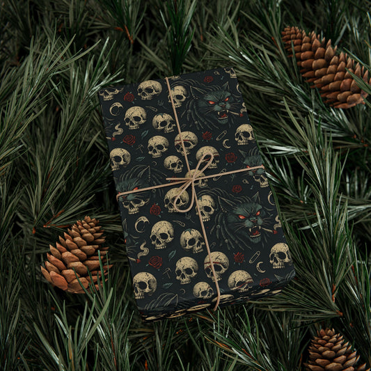 Dark Gothic Skulls Wrapping Paper, Spooky Gift Wrap for Halloween, Party Decor, Unique Present Packaging, Alternative Gift Wrap