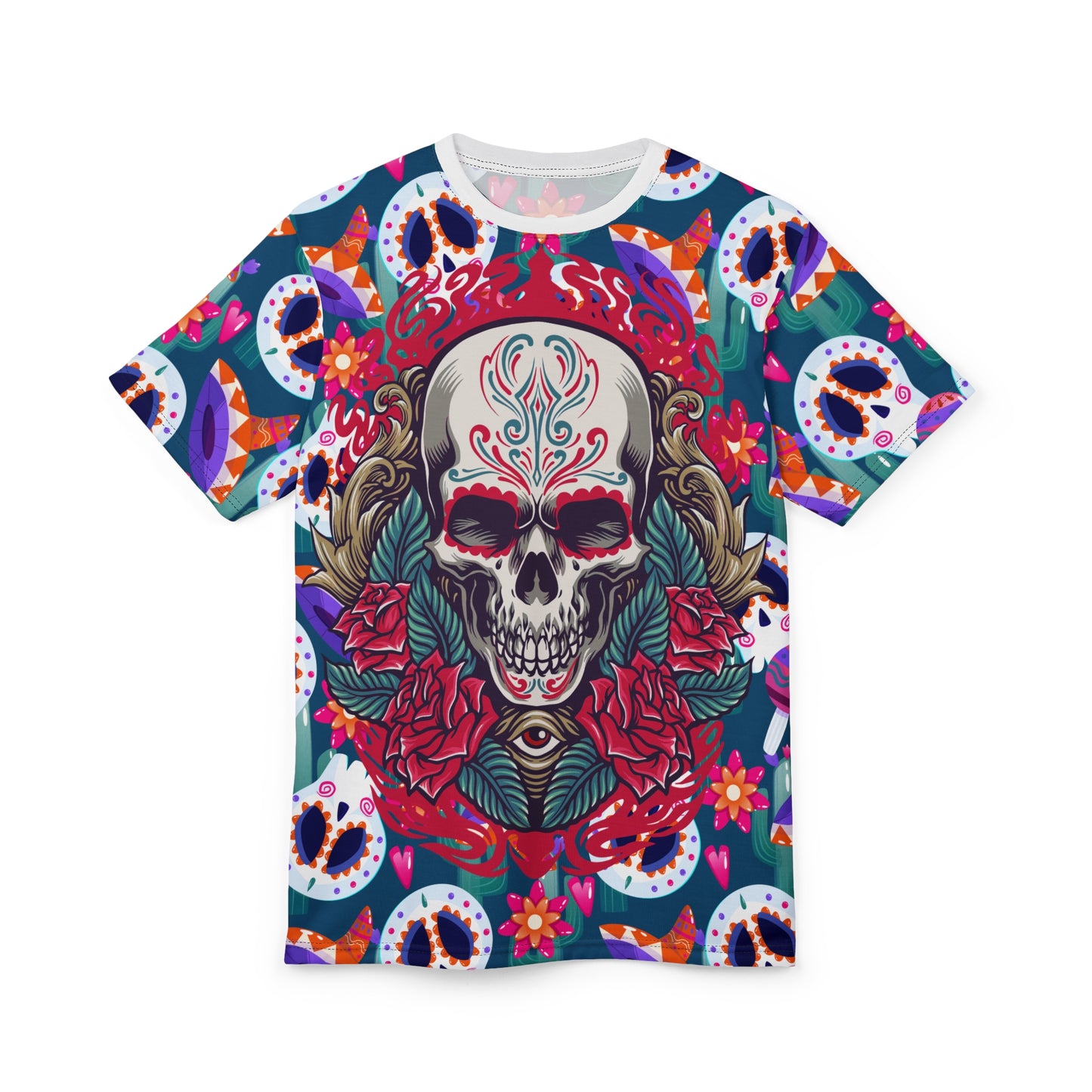 Colorful Skull Print Unisex Tee, Boho Shirt, Festival Wear, Day of the Dead Apparel, Edgy Fashion T-Shirt
