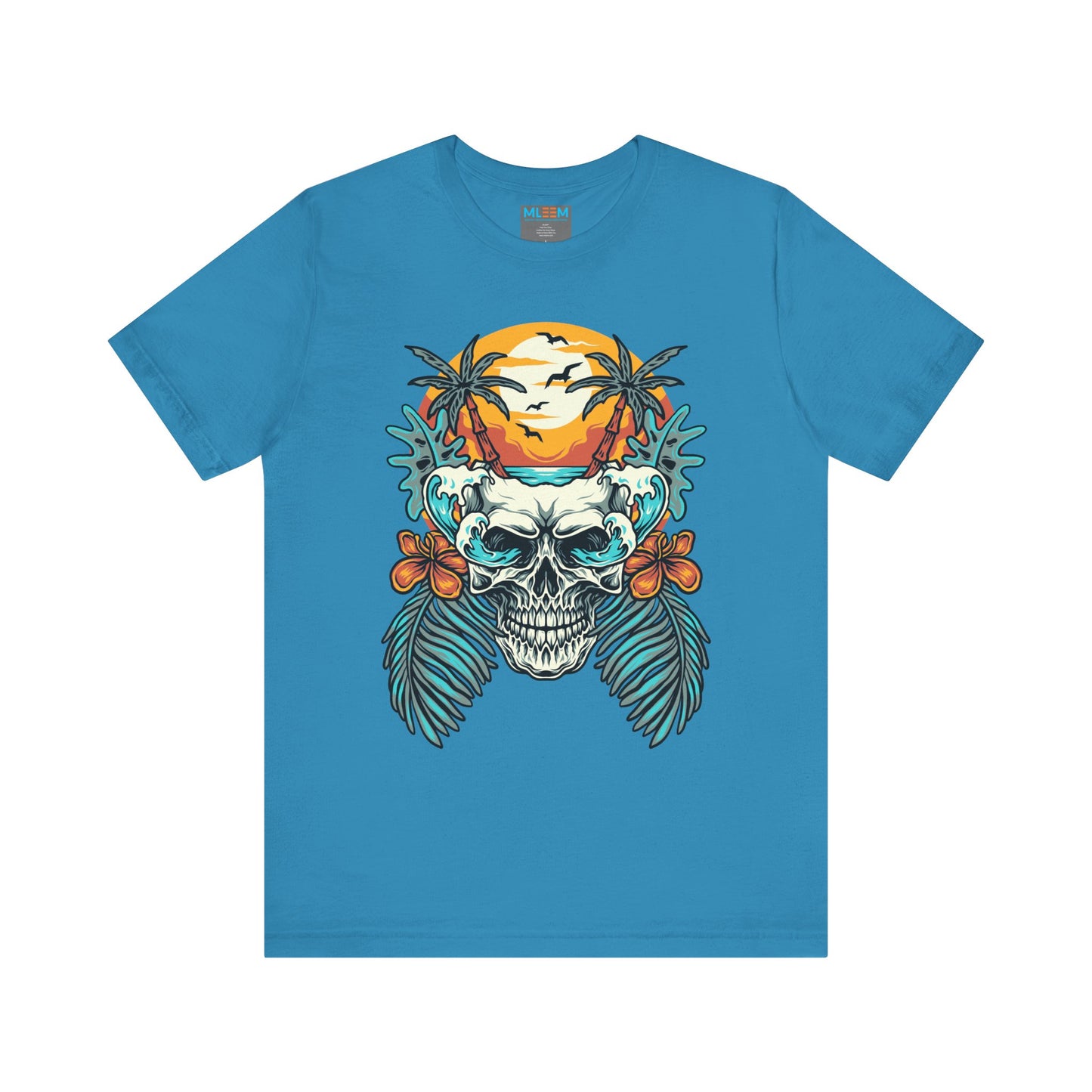 Tropical Skull Graphic Tee - Unisex Short Sleeve Shirt with Palm Trees & Sunset