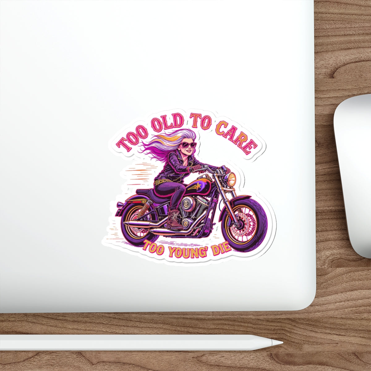 Too Old to Care Die-Cut Stickers - Fun, Edgy Motorcycle Decor, Perfect for Bikers, Gifts for Riders, Laptop & Water Bottle Stickers
