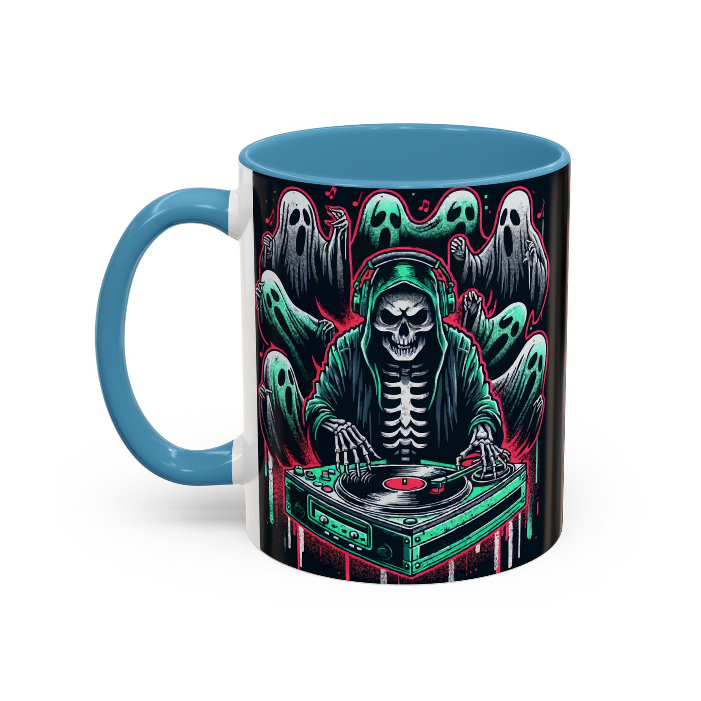 Gothic Coffee Mug, Spooky Mug, Halloween Gift, Ghost-Themed Drinkware, DJ Skull Mug, Music Lover’s Mug