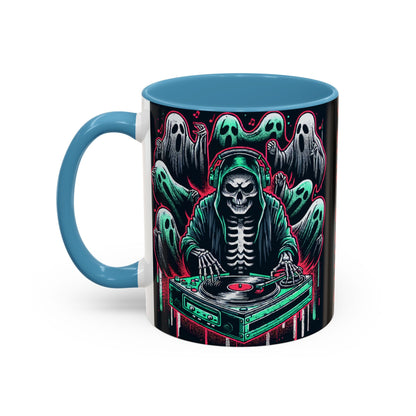 Gothic Coffee Mug, Spooky Mug, Halloween Gift, Ghost-Themed Drinkware, DJ Skull Mug, Music Lover’s Mug