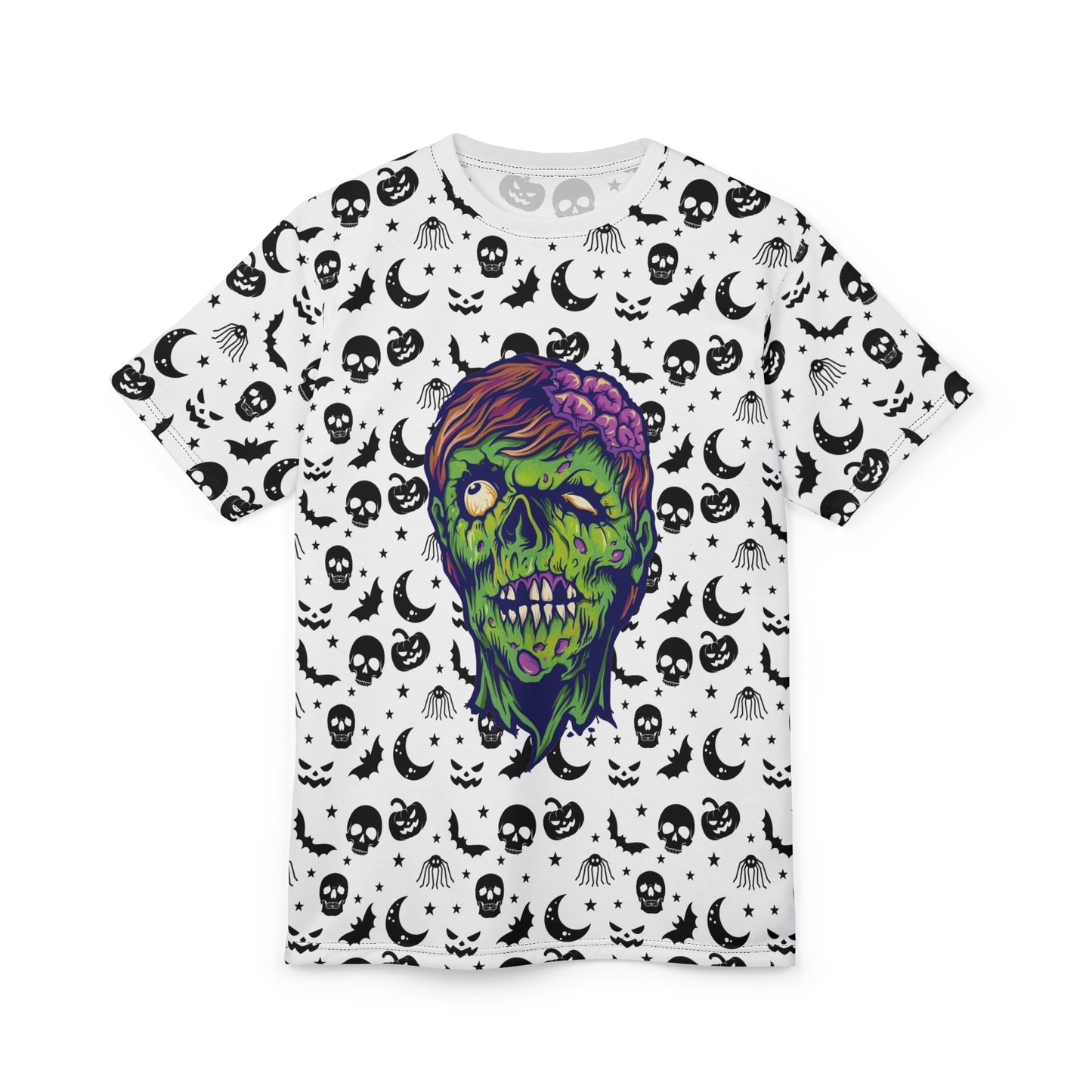 Unisex Zombie AOP Tee, Spooky Graphic T-Shirt, Halloween Apparel, Goth Style Shirt, Unique Gift for Horror Fans, Casual Creepy Wear