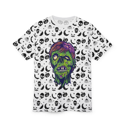 Unisex Zombie AOP Tee, Spooky Graphic T-Shirt, Halloween Apparel, Goth Style Shirt, Unique Gift for Horror Fans, Casual Creepy Wear