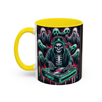 Gothic Coffee Mug, Spooky Mug, Halloween Gift, Ghost-Themed Drinkware, DJ Skull Mug, Music Lover’s Mug
