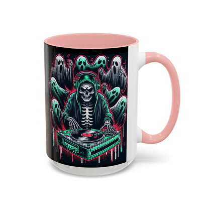 Gothic Coffee Mug, Spooky Mug, Halloween Gift, Ghost-Themed Drinkware, DJ Skull Mug, Music Lover’s Mug