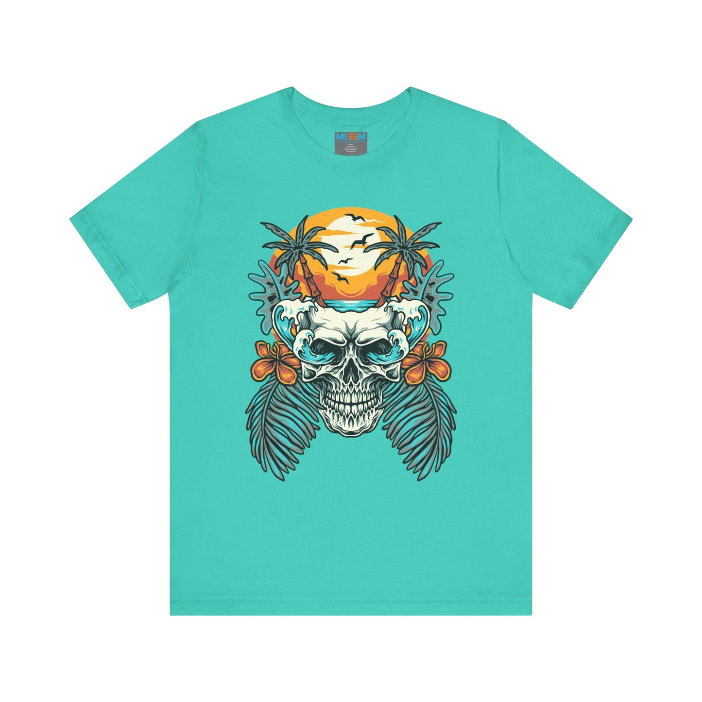 Tropical Skull Graphic Tee - Unisex Short Sleeve Shirt with Palm Trees & Sunset