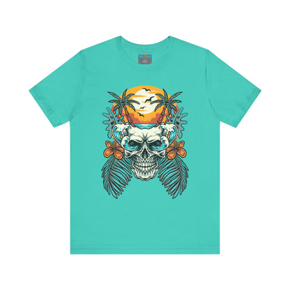 Tropical Skull Graphic Tee - Unisex Short Sleeve Shirt with Palm Trees & Sunset